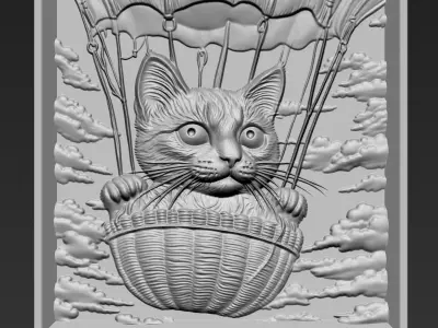Kitten riding a hot air balloon A47 3D print model