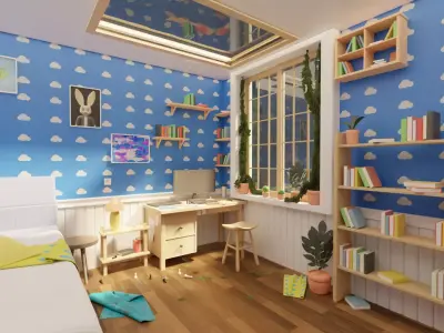 Home Bedroom Interior Environment Cartoon Style 3D model