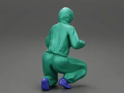 woman wearing antivirus suit sitting and carrying 3D print model