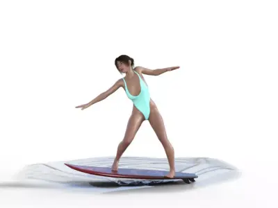 Girlsurfing woman in swimsuit on surfboard 3D model