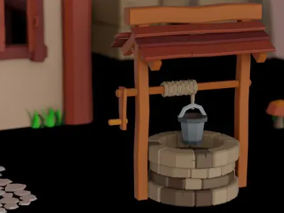 Low poly Nature assets for 3D games houses trees rocks road well Low-poly 3D model