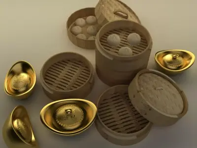 Chinese gold ingot and bamboo steamer buns  3D model