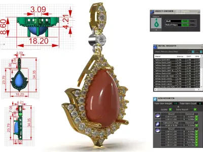 Coral Cabochon and Diamond Teardrop Pendant model jp0379 3D print model