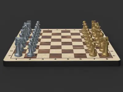 Chess Set board with gold and silver pieces 3D model