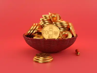Chinese Gold Coin and Ingot with Bowl 3D model