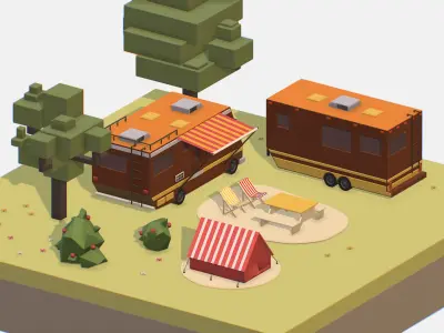 brown tourist van on halt in meadow Low-poly 3D model