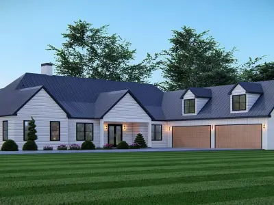 Modern American Farmhouse with FOUR Car Garage Black Metal Roof 3D model