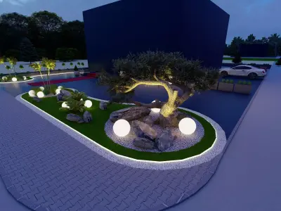 Stylish 3D Office Entrance with Modern Landscape and Decorative  Low-poly 3D model