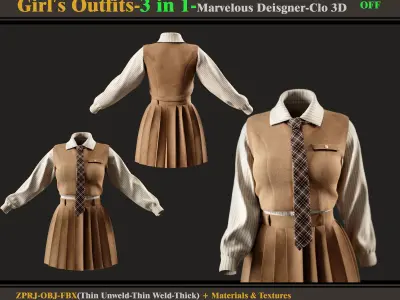 3 in 1 Girls Outfits- MD-Clo3d-OBJ - FBX -Materials-Textures 3D model