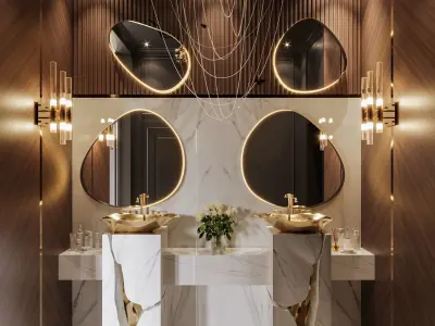Bathroom-luxury modern bathroom with gold chandelier Low-poly 3D model