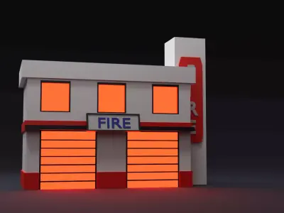 Low Poly Fire Station with Glowing Detail Low-poly 3D model