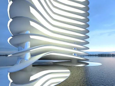 scyscraper futuristic structure in middle of body of water 3D model