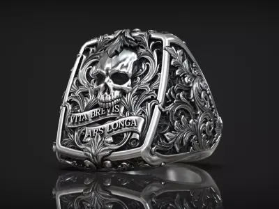 Victorian Gothic Skull Ring 3D Model Vita Brevis Ars Longa 3D print model