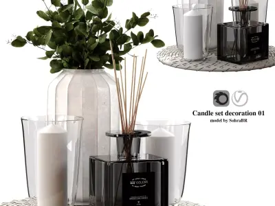 Candle decorative set with eucalyptus 001 3D model