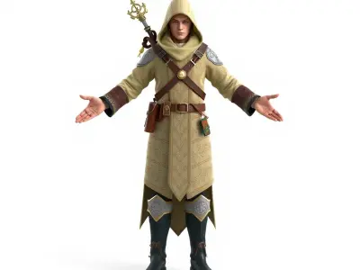 Medieval Mage D Character Model with Hooded Robe and Staff Low-poly 3D model