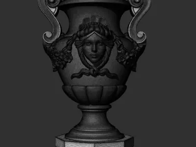 Decorated urn with female head and flower garland 3D model