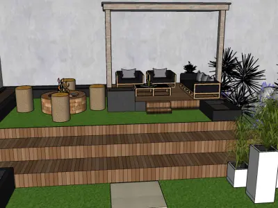  Terrace Garden 3D Model with Pergola and Water Feature 3D model