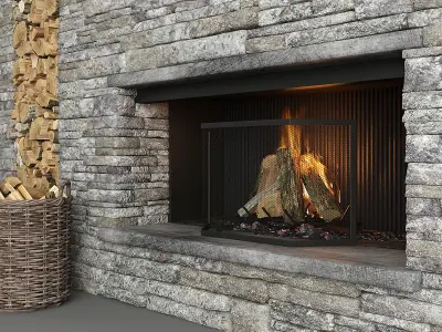Stone Fireplace and Decor 3D model