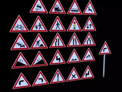 3D model German Warning Traffic  Road Sign Pack Low-poly 3D model