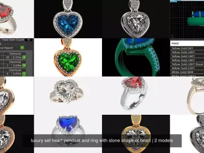 luxury set heart pendant and ring with stone shape of heart 3D Model Pack