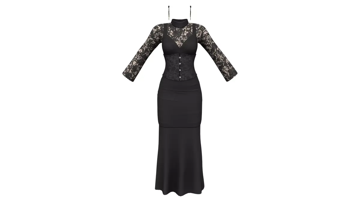 Black Victorian Outfit Earrings Top Skirt Low-poly 3D model