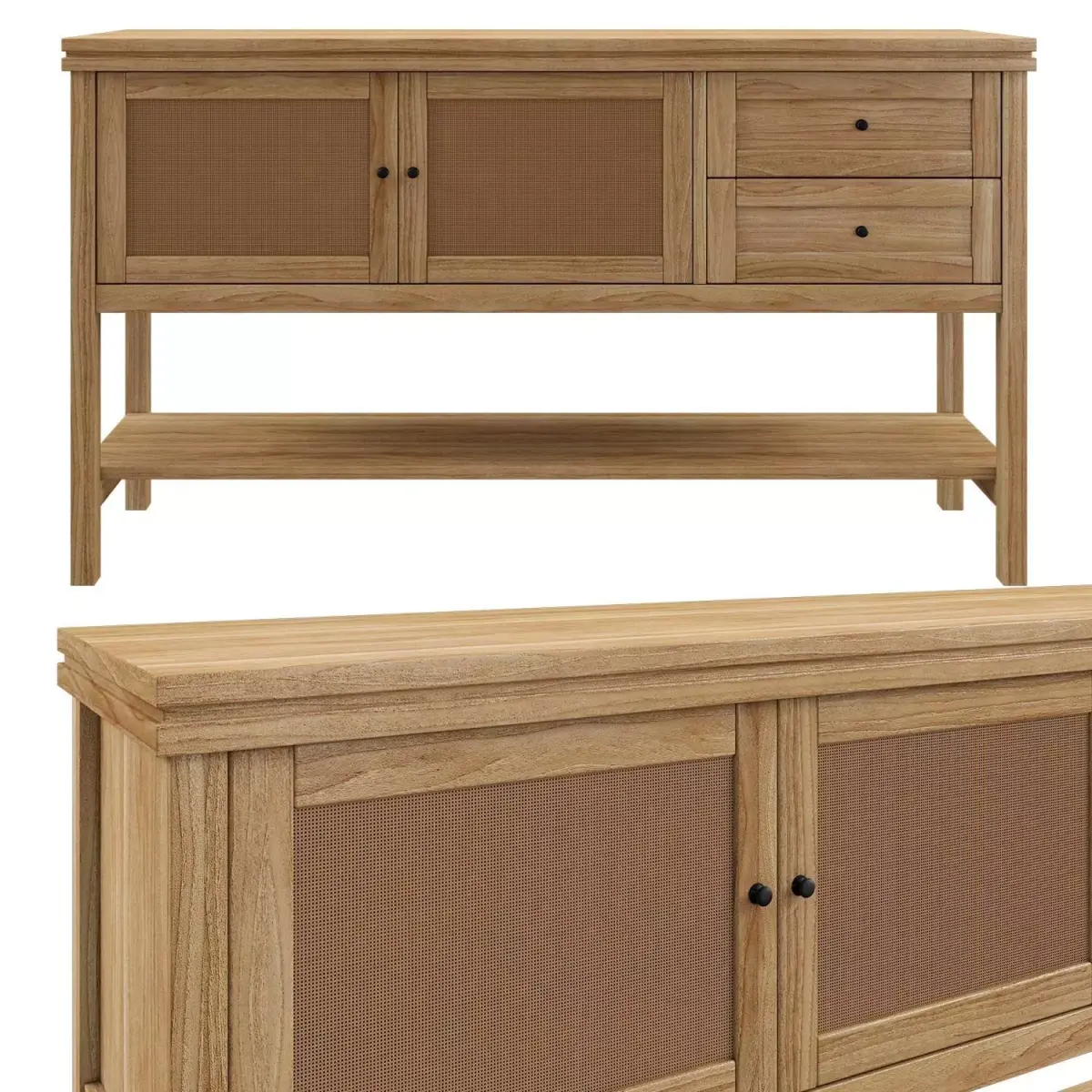Sideboard Gabin made of pine and rattan 3D model