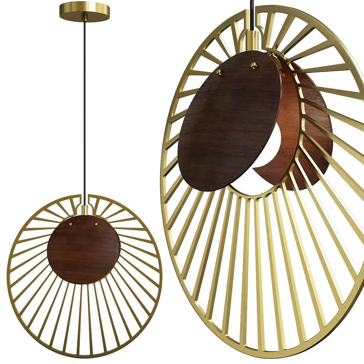 MAGDALENA circular pendant light in brass and wood Low-poly 3D model