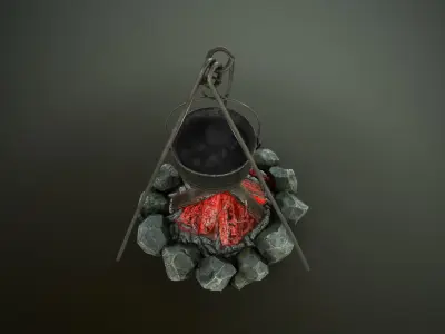 Campfire with cauldron Low-poly 3D model