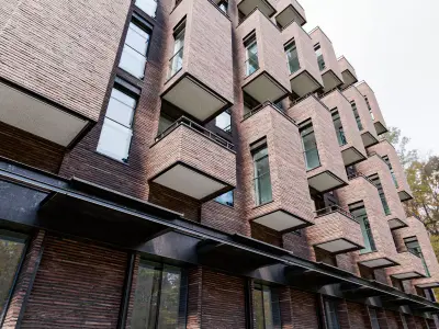 Modern Brick Apartment Building with Commercial Ground Floor Low-poly 3D model