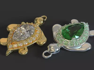 turtle two pendants with diamonds and emeralds 3D print model