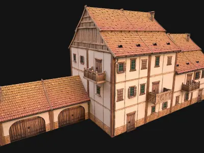 Medieval Brick Town House with Barn Low-poly 3D model