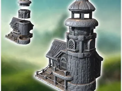 Round medieval lighthouse with annex house and access staircase  3D print model