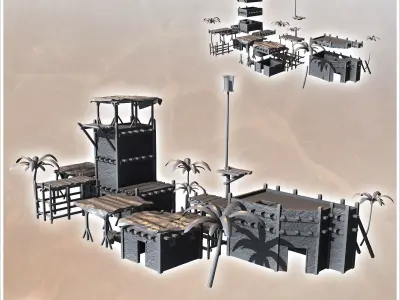 Set of fortified Eastern buildings with palm trees surveillance  3D print model