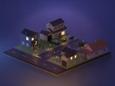 Neighborhood house and street at night Low-poly 3D model