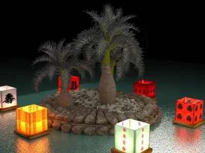 Chinese water lantern with Hawaii coconut tree   3D model