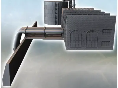 Industrial building with partial shed roof tanks and external pi 3D print model