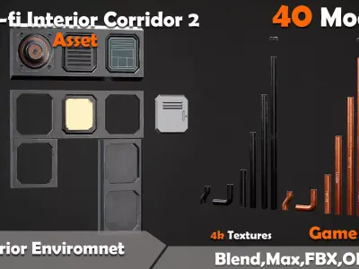 Sci-fi Interior Corridor 2 Asset 40 Models Low-poly 3D model