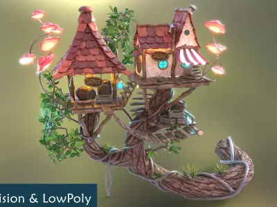 Subdivision LowPoly Fairy Treehouse Low-poly 3D model