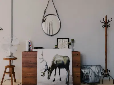 bedroom with wooden floor and ornate rug 3D model