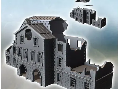 Large building with a zinc roof hewn stone base and flat-roofed  3D print model