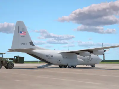  Forklift Loads Cargo to the Lockheed C 130 Hercules 