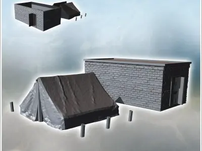 Small brick building with flat roof and two doors adjacent to a  3D print model
