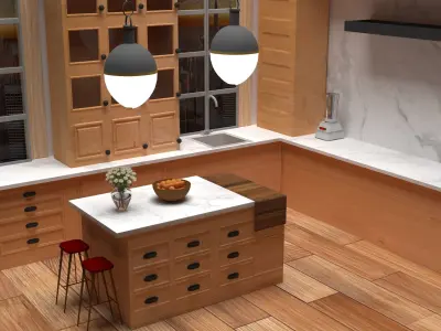 house kitchen with wooden floors and counter tops 3D model