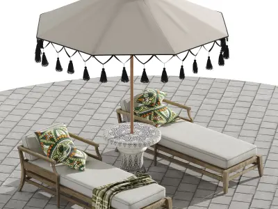 Beach umbrella and chaise longue set 3 3D model