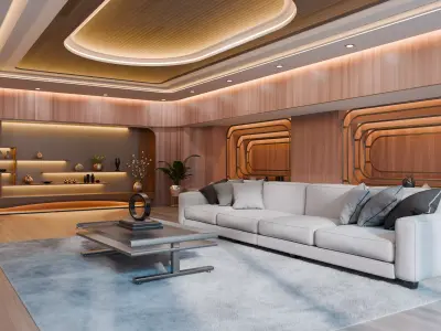 Modern Curved Wooden Living Room 3D model