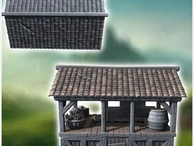 Wooden market stall with crates and baskets under a sloped roof  3D print model