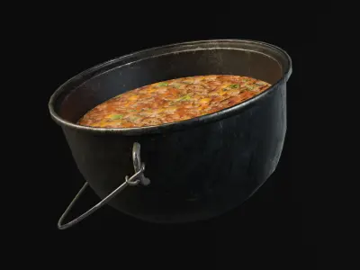 Old Cauldron With Stew Game Ready Low-poly 3D model
