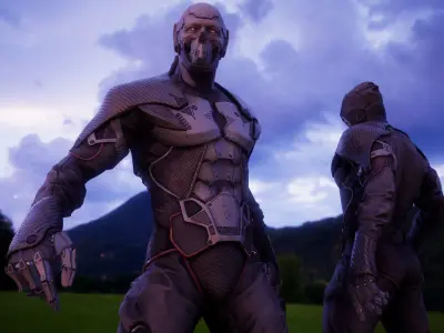 Cyborg futuristic man in field Low-poly 3D model