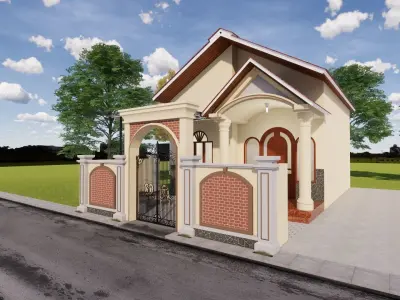 Simple House Design Fence  and Mini Garden and fish pool 3D model