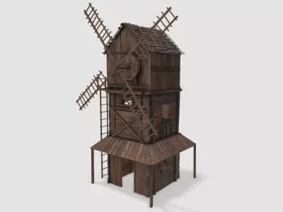 Medieval Wooden Windmill PBR Low-poly 3D model